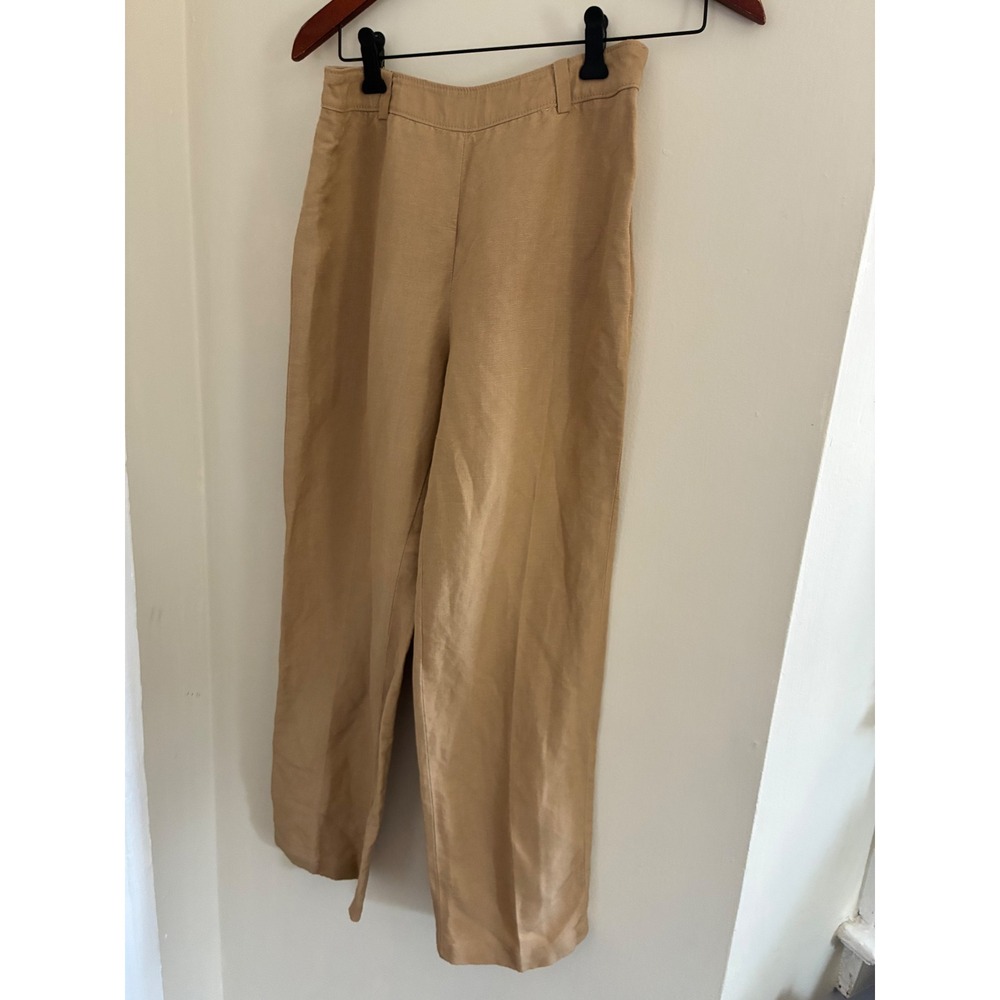 Kasper Women 2P Tan Linen Blend Straight Leg Pants High Waist Resort Neutral